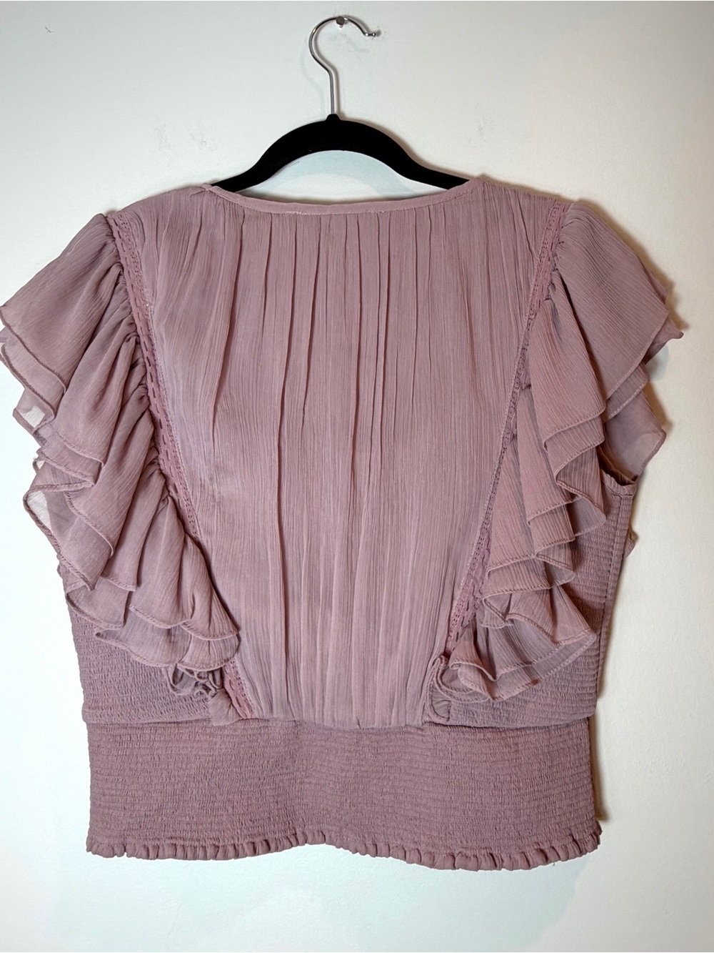 Anthropologie Forever That Girl Pink Smocked Ruffle Blouse V-Neck Size Small - Picture 4 of 9